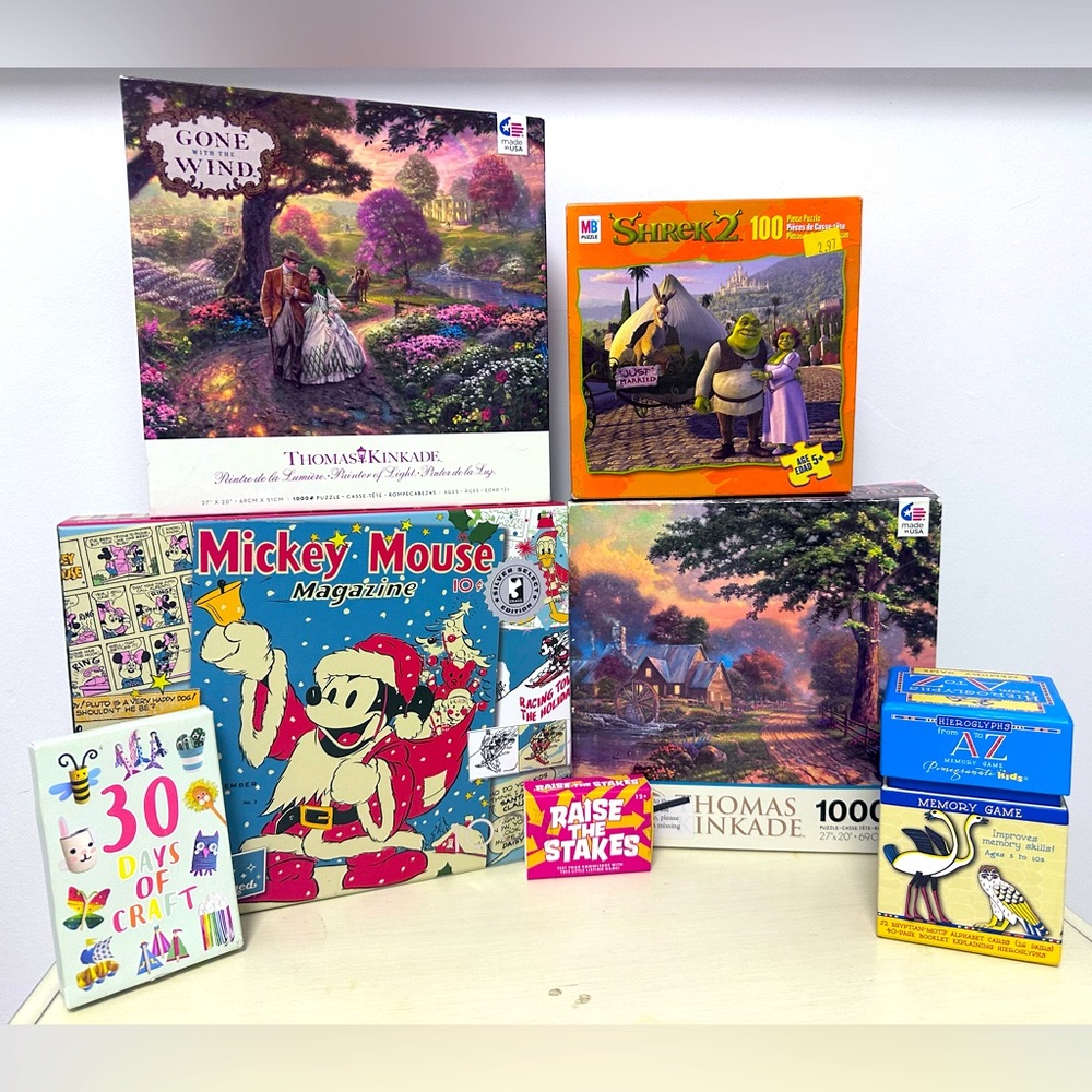 Lot Of 7 Sets Of Puzzles Disney Collection Silver Disney Thomas Kinkade Shrek2